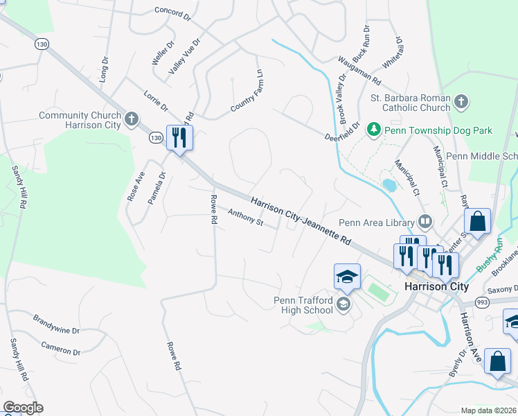 map of restaurants, bars, coffee shops, grocery stores, and more near 3426 Pennsylvania 130 in Harrison City