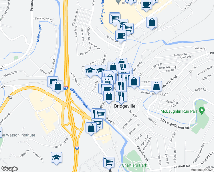 map of restaurants, bars, coffee shops, grocery stores, and more near 348 Station Street in Bridgeville