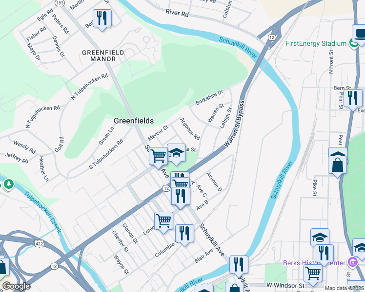 map of restaurants, bars, coffee shops, grocery stores, and more near 1517 Darien Street in Reading