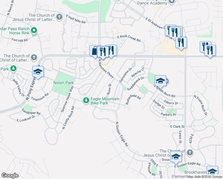 map of restaurants, bars, coffee shops, grocery stores, and more near 7786 Rose Street in Eagle Mountain