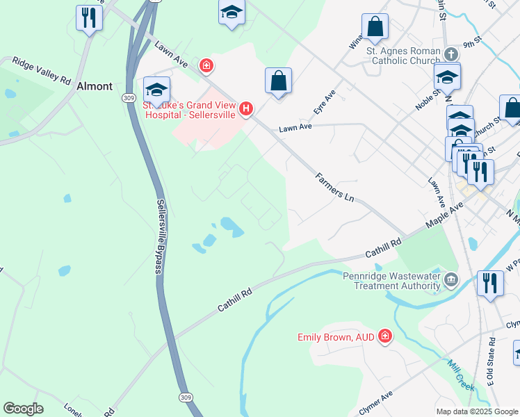 map of restaurants, bars, coffee shops, grocery stores, and more near Harvest Hill Dr in Sellersville