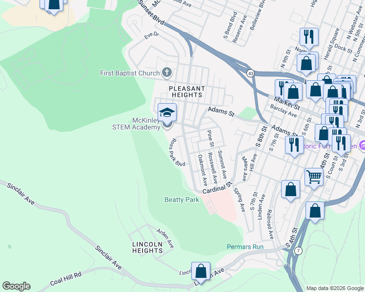 map of restaurants, bars, coffee shops, grocery stores, and more near 614 Ross Park Boulevard in Steubenville