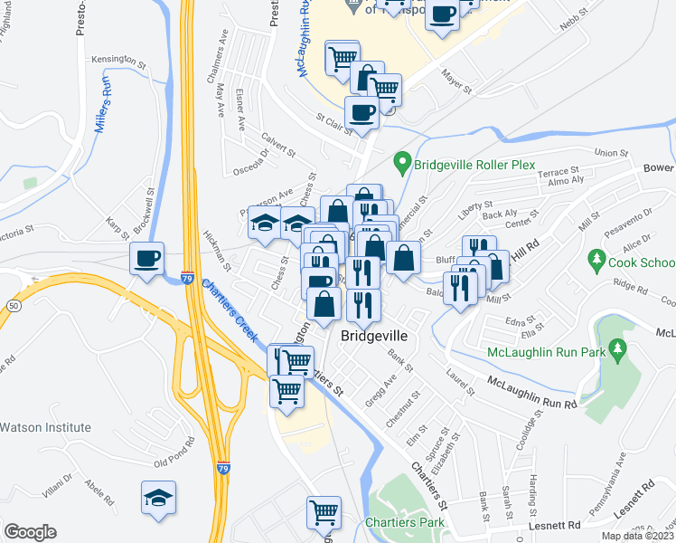 map of restaurants, bars, coffee shops, grocery stores, and more near 407 Station Street in Bridgeville