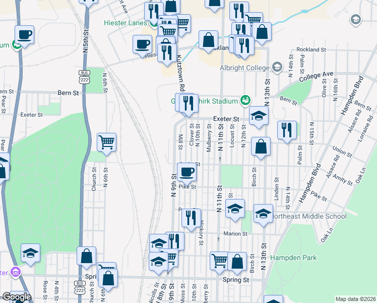 map of restaurants, bars, coffee shops, grocery stores, and more near 938 Union Street in Reading