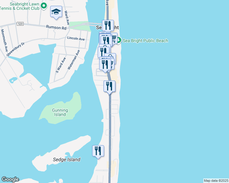 map of restaurants, bars, coffee shops, grocery stores, and more near 1201 East Ocean Avenue in Sea Bright