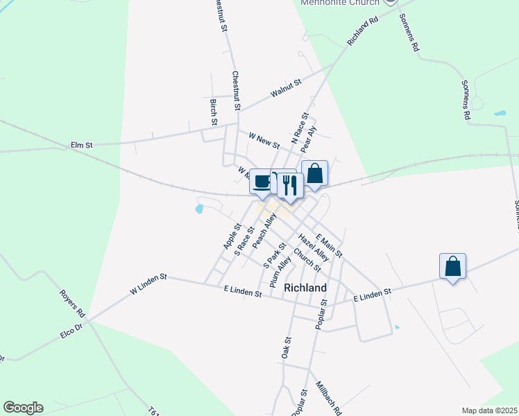 map of restaurants, bars, coffee shops, grocery stores, and more near 5 South Race Street in Myerstown