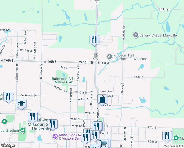 map of restaurants, bars, coffee shops, grocery stores, and more near 1376 North Main Street in Maryville