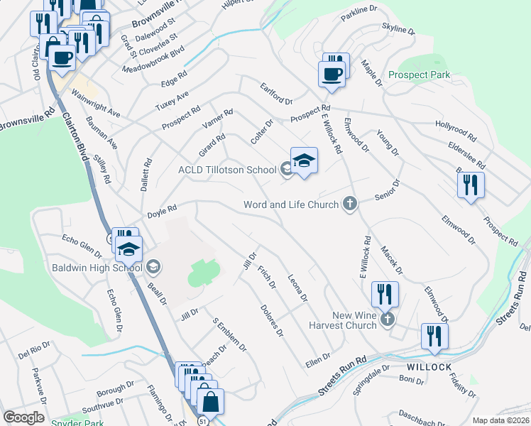 map of restaurants, bars, coffee shops, grocery stores, and more near 4853 Oakridge Drive in Pittsburgh