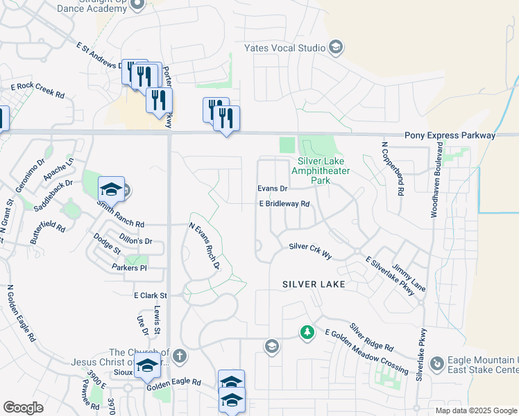 map of restaurants, bars, coffee shops, grocery stores, and more near 4462 Bridleway Road in Eagle Mountain