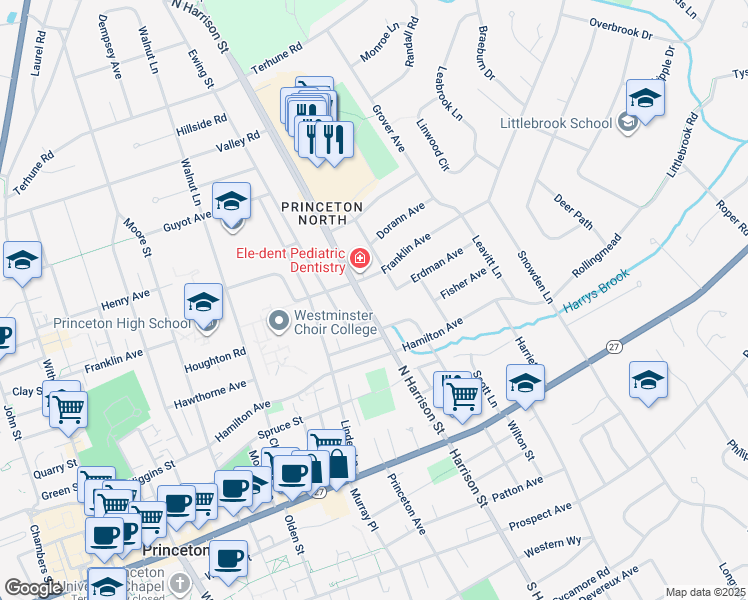 map of restaurants, bars, coffee shops, grocery stores, and more near 149 North Harrison Street in Princeton