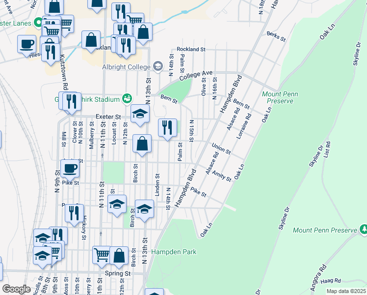 map of restaurants, bars, coffee shops, grocery stores, and more near 1416 Union Street in Reading
