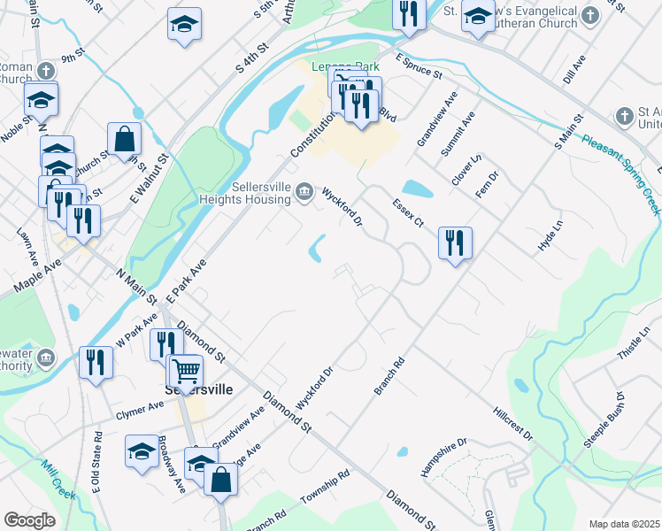 map of restaurants, bars, coffee shops, grocery stores, and more near 703 Mews Drive in Sellersville