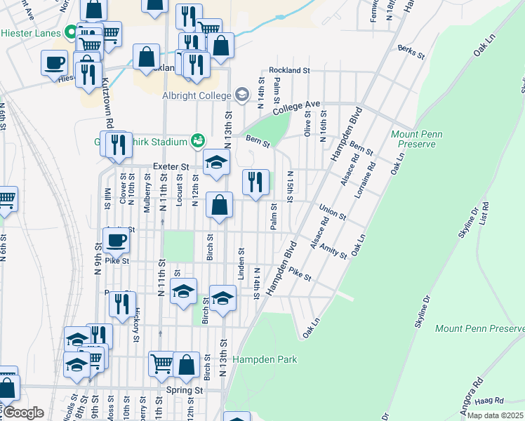 map of restaurants, bars, coffee shops, grocery stores, and more near 1416 Union Street in Reading