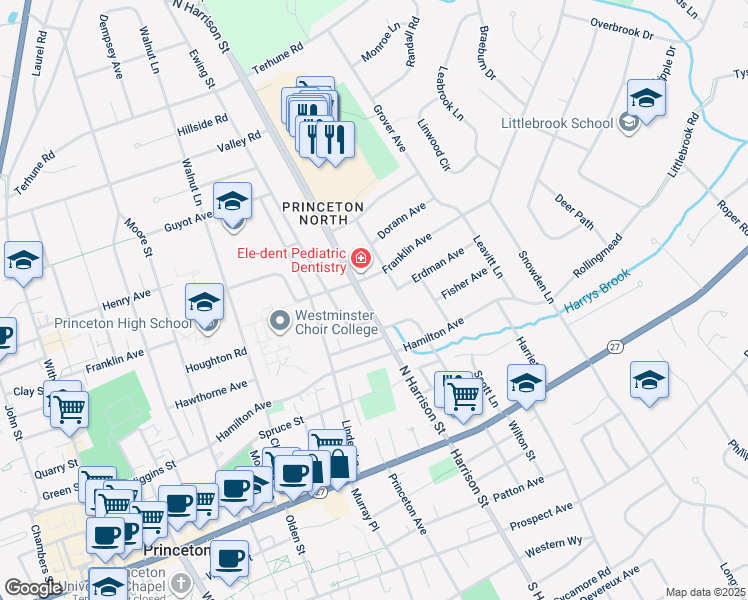 map of restaurants, bars, coffee shops, grocery stores, and more near 151 North Harrison Street in Princeton