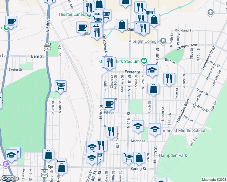 map of restaurants, bars, coffee shops, grocery stores, and more near 938 Union Street in Reading