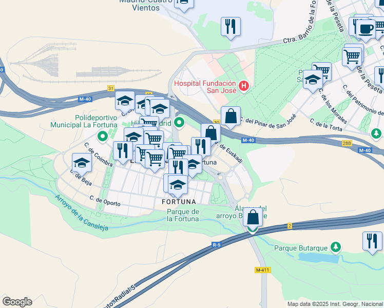 map of restaurants, bars, coffee shops, grocery stores, and more near Calle de Mondragón in Leganés
