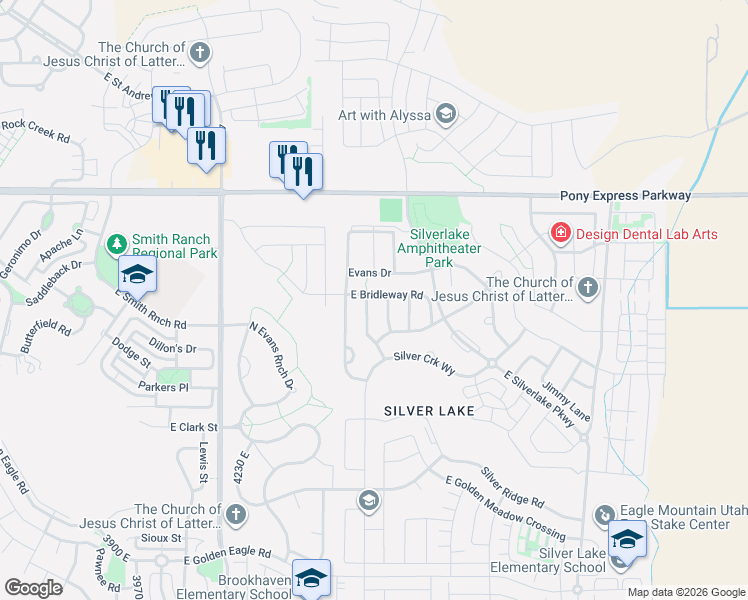 map of restaurants, bars, coffee shops, grocery stores, and more near 4543 East Bridleway Road in Eagle Mountain
