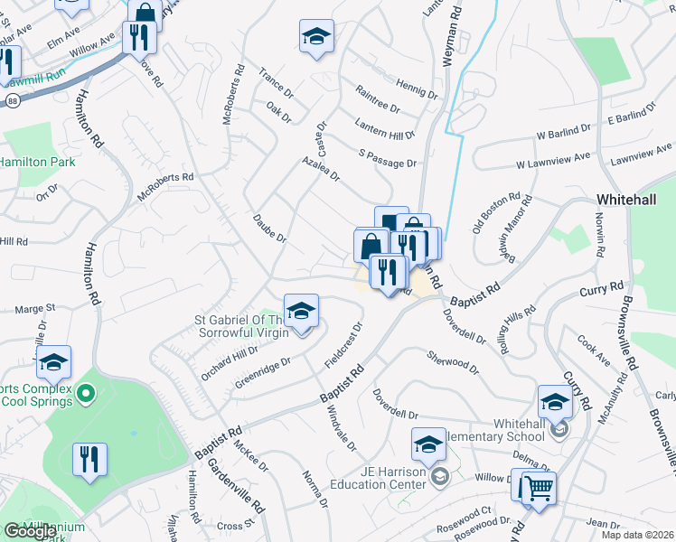 map of restaurants, bars, coffee shops, grocery stores, and more near 82 Springmeadow Court in Pittsburgh