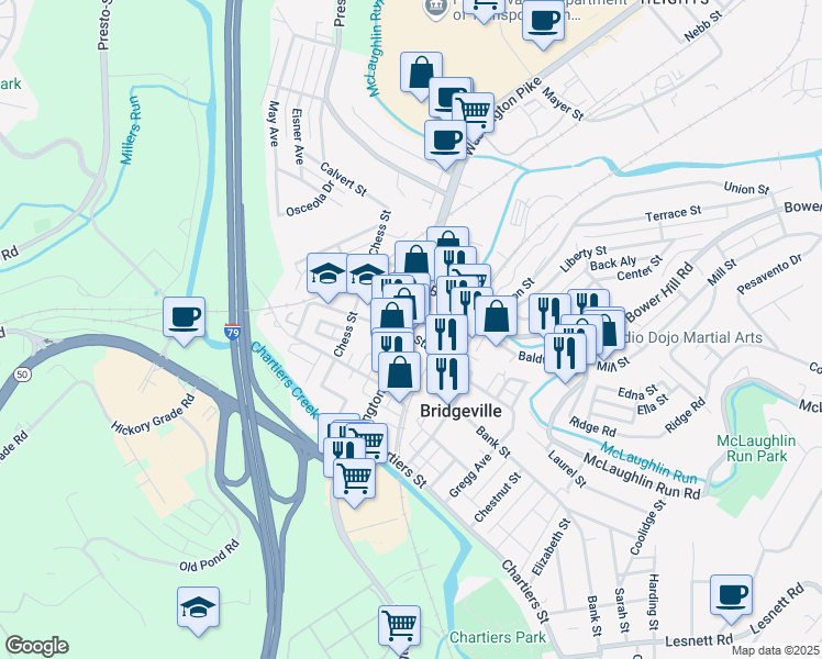 map of restaurants, bars, coffee shops, grocery stores, and more near 443 Washington Pike in Bridgeville