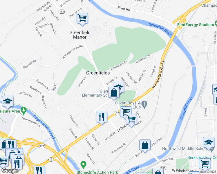 map of restaurants, bars, coffee shops, grocery stores, and more near 1545 Schuylkill Avenue in Reading