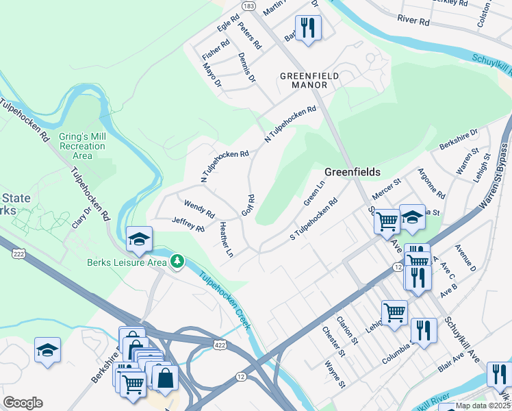map of restaurants, bars, coffee shops, grocery stores, and more near 1709 Golf Road in Reading