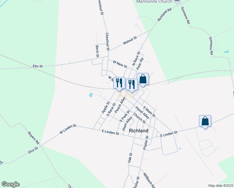map of restaurants, bars, coffee shops, grocery stores, and more near 5 South Race Street in Myerstown