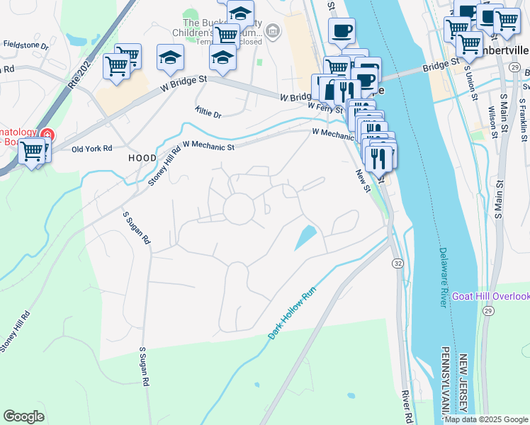 map of restaurants, bars, coffee shops, grocery stores, and more near 10 Tahoe Drive in New Hope