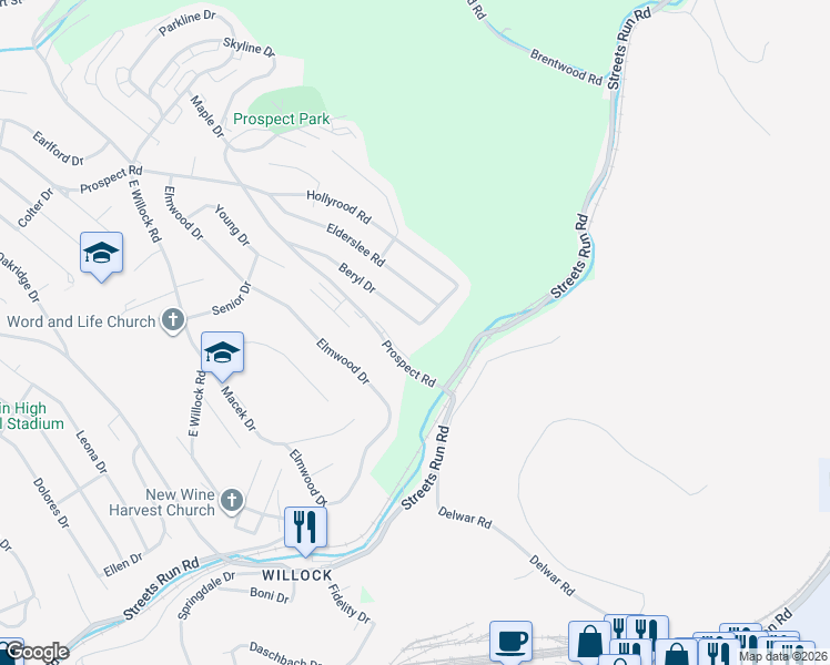map of restaurants, bars, coffee shops, grocery stores, and more near 1718 Beryl Drive in Pittsburgh
