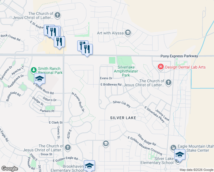 map of restaurants, bars, coffee shops, grocery stores, and more near 4543 East Bridleway Road in Eagle Mountain