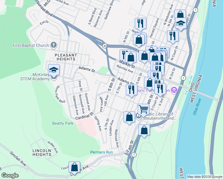 map of restaurants, bars, coffee shops, grocery stores, and more near 234 South 8th Street in Steubenville