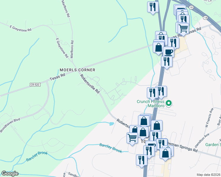 map of restaurants, bars, coffee shops, grocery stores, and more near Seaman Court in Old Bridge Township