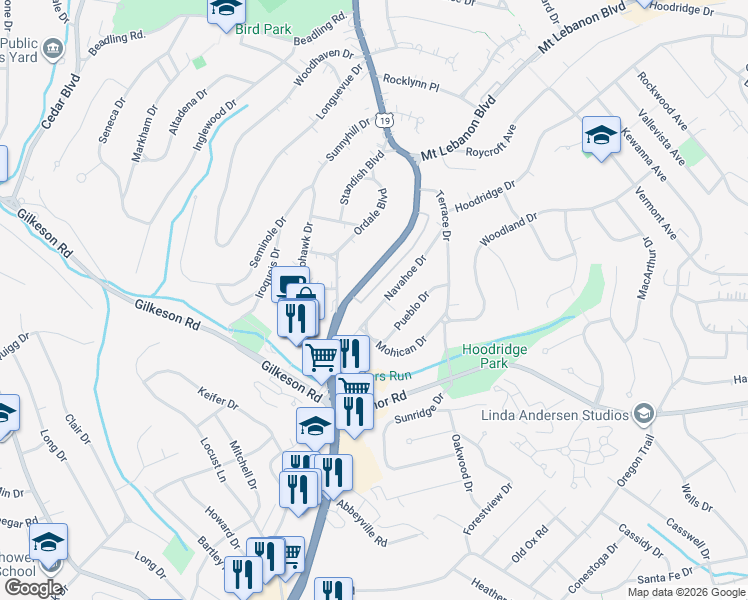 map of restaurants, bars, coffee shops, grocery stores, and more near 1441 Washington Road in Pittsburgh