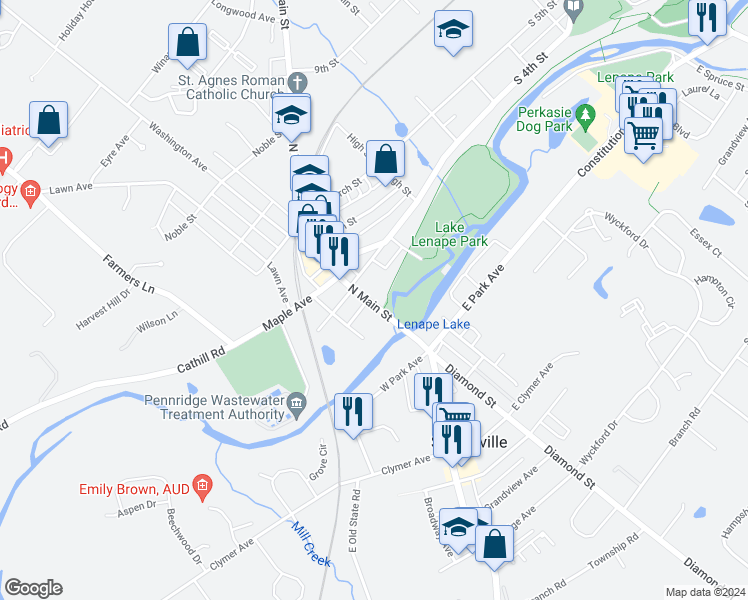 map of restaurants, bars, coffee shops, grocery stores, and more near 65 North Main Street in Sellersville