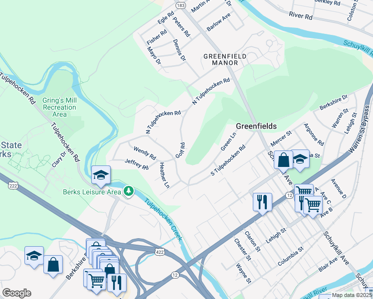 map of restaurants, bars, coffee shops, grocery stores, and more near 1709 Golf Road in Reading