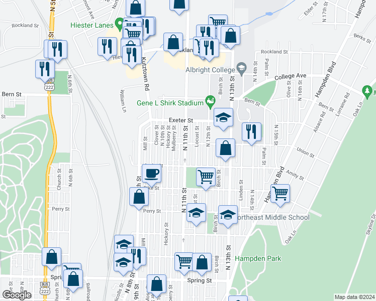 map of restaurants, bars, coffee shops, grocery stores, and more near 1521 North 11th Street in Reading