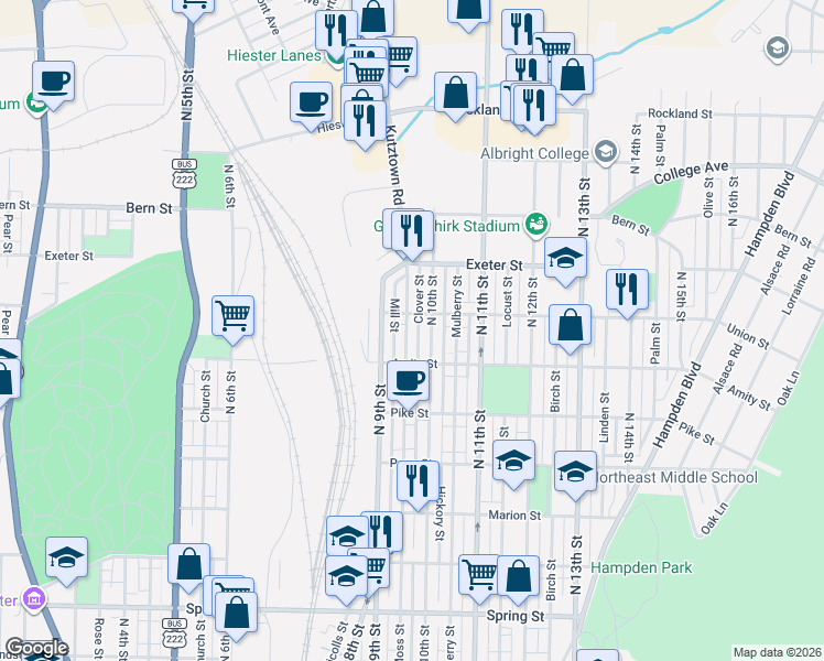 map of restaurants, bars, coffee shops, grocery stores, and more near 938 Union Street in Reading