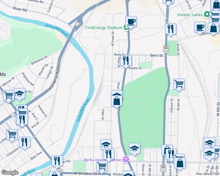 map of restaurants, bars, coffee shops, grocery stores, and more near 1522 North Front Street in Reading