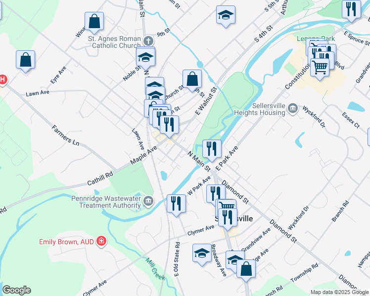 map of restaurants, bars, coffee shops, grocery stores, and more near 69 North Main Street in Sellersville