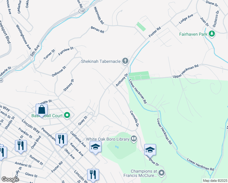 map of restaurants, bars, coffee shops, grocery stores, and more near 3402 Foster Road in White Oak