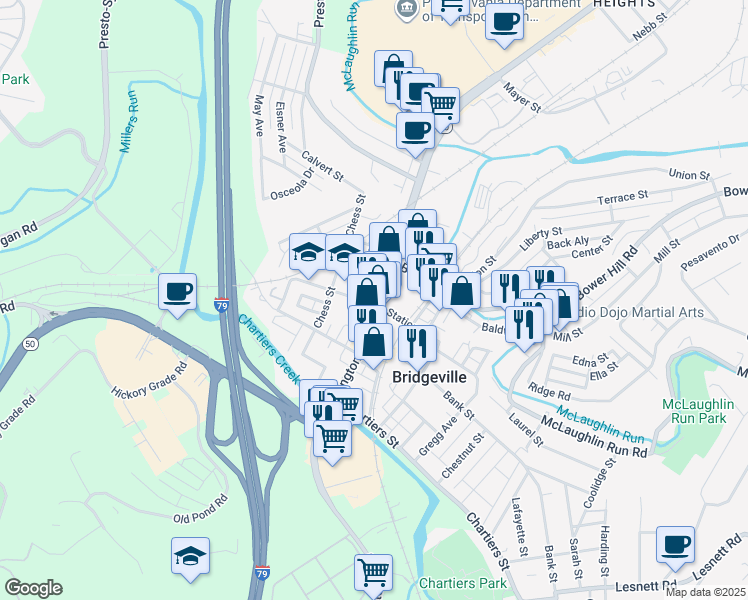 map of restaurants, bars, coffee shops, grocery stores, and more near 443 Washington Pike in Bridgeville