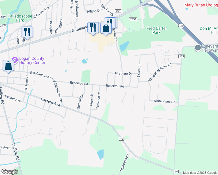 map of restaurants, bars, coffee shops, grocery stores, and more near 101 Heather Hill Drive in Bellefontaine