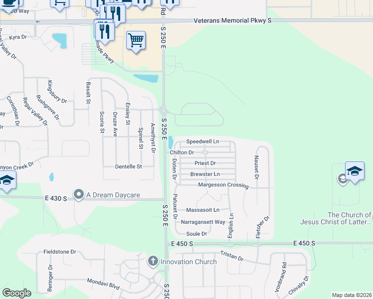 map of restaurants, bars, coffee shops, grocery stores, and more near 2623 Speedwell Lane in Lafayette