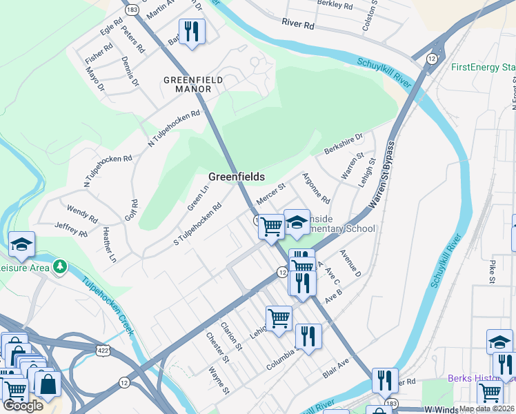 map of restaurants, bars, coffee shops, grocery stores, and more near 1553 Schuylkill Avenue in Reading