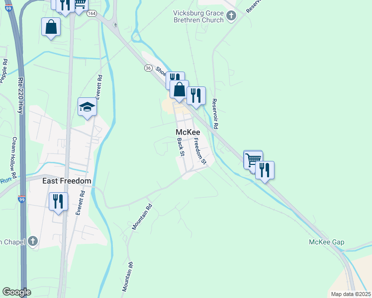 map of restaurants, bars, coffee shops, grocery stores, and more near 231 Back Street in East Freedom