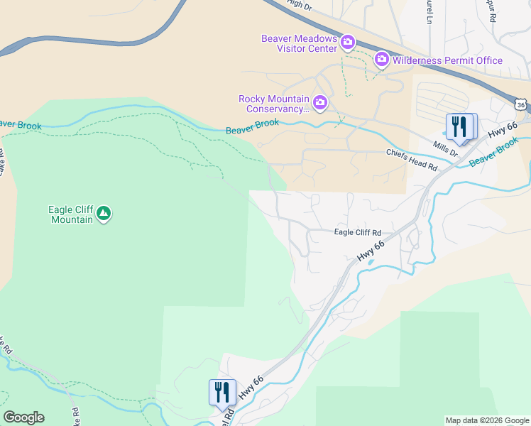 map of restaurants, bars, coffee shops, grocery stores, and more near 2279 Eagle Cliff Road in Estes Park
