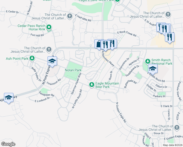 map of restaurants, bars, coffee shops, grocery stores, and more near 7798 North Windhover Road in Eagle Mountain