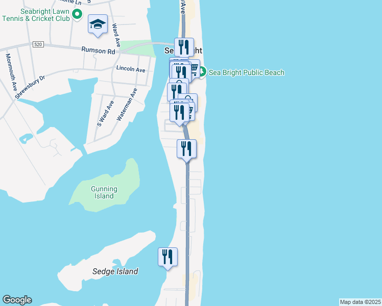 map of restaurants, bars, coffee shops, grocery stores, and more near 1184 Ocean Avenue in Sea Bright