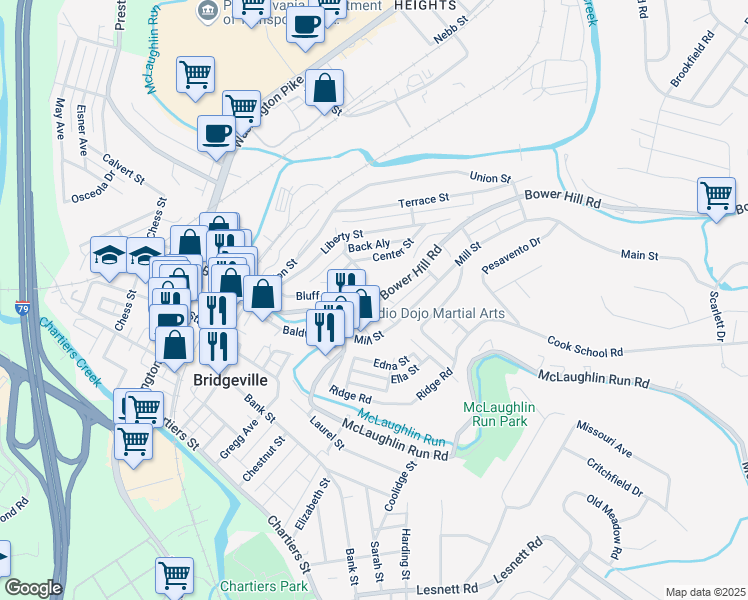 map of restaurants, bars, coffee shops, grocery stores, and more near 781 Bluff Street in Bridgeville