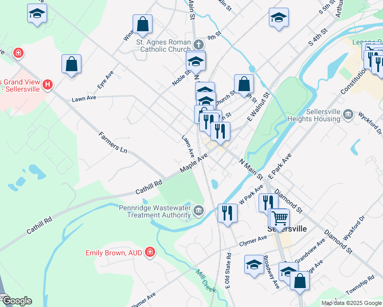 map of restaurants, bars, coffee shops, grocery stores, and more near 132 Lawn Avenue in Sellersville