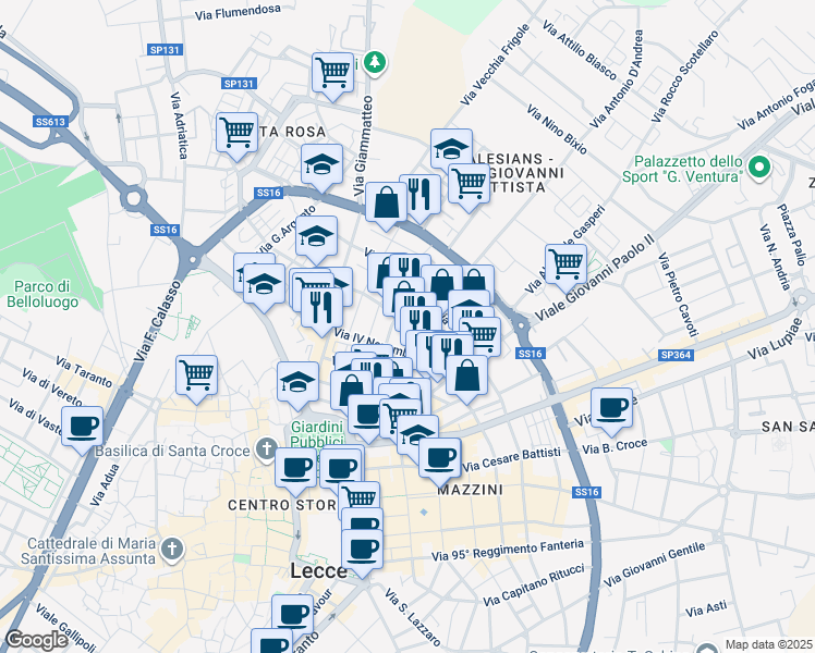 map of restaurants, bars, coffee shops, grocery stores, and more near 45 Via Gabriele D'Annunzio in Lecce